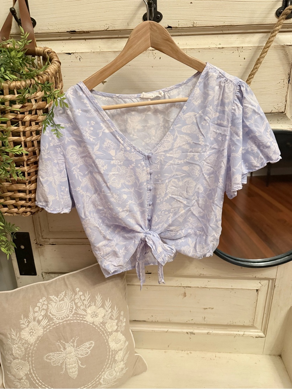 Blue Floral Tie-Front Women's Blouse